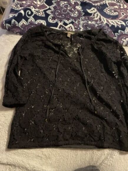 Tommy Bahama Black Crochet Long Sleeve Lace Top Small Coquette Whimsygoth Swim - Picture 1 of 5